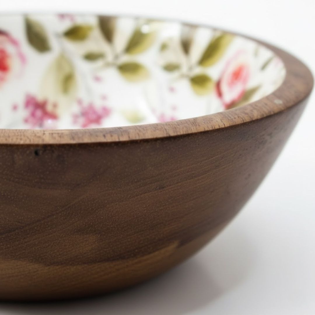 Enamel Floral Wooden Bowl for Sustainable Dining – M 3.0